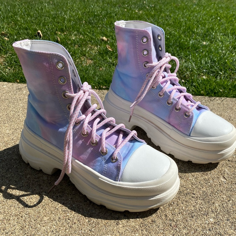 Cyber Goth Punk Indie tie dye pink purple stacked platform tall shoes boots